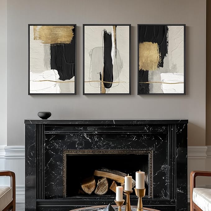 Framed Black and White Abstract Wall Art, 3 Piece Canvas Prints Paintings Artwork for Walls, Modern Minimalist Gold Beige Block Pictures for Living Room Hallway Office Wall Decor 16x24 Inch