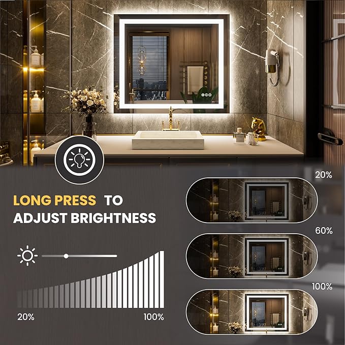 LOAAO 30"x38" LED Bathroom Mirror with Lights, Anti-Fog, Dimmable, Backlit + Front Lit, Lighted Bathroom Vanity Mirror for Wall, Memory Function