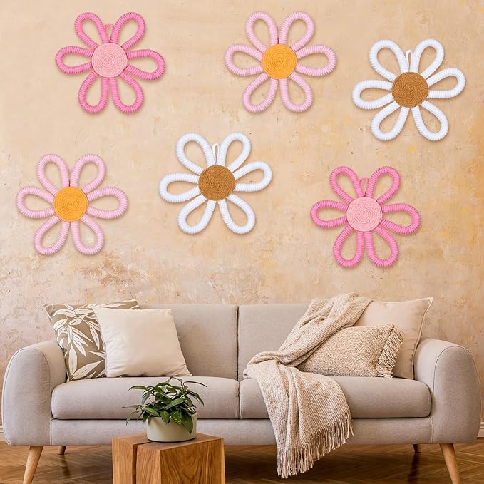 Zeyune 6 Pcs Boho Nursery Daisy Flower Wall Art Decor Woven Macrame Wall Pediments Boho Daisy Floral Nursery Art Decor for Home Bedroom Decorations(Cute,Yarn and Cotton Rope)