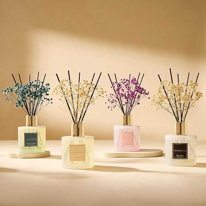 COCORRÍNA Reed Diffuser - Clean Linen 17 Fl.oz Reed Diffuser with 8 Sticks Scented Diffuser with Preserved Flowers for Bathroom Home Decor