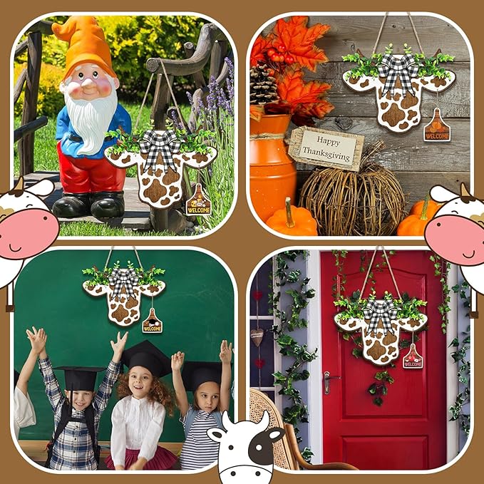 Suzile 16 Pcs Cow Decor Welcome Sign Wooden Cow Head Door Wreath Sign with Buffalo Plaid Bow Interchangeable Hanging Ornaments for Christmas Farmhouse Home Front, 16.5 x 12 Inch