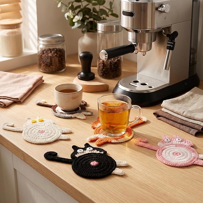 Cat Gifts for Cat Lovers 5PCS Cat Coaster Woven Creative Cute Cat Coaster Insulation Coaster Coffee and Tea Coaster Desktop Gifts