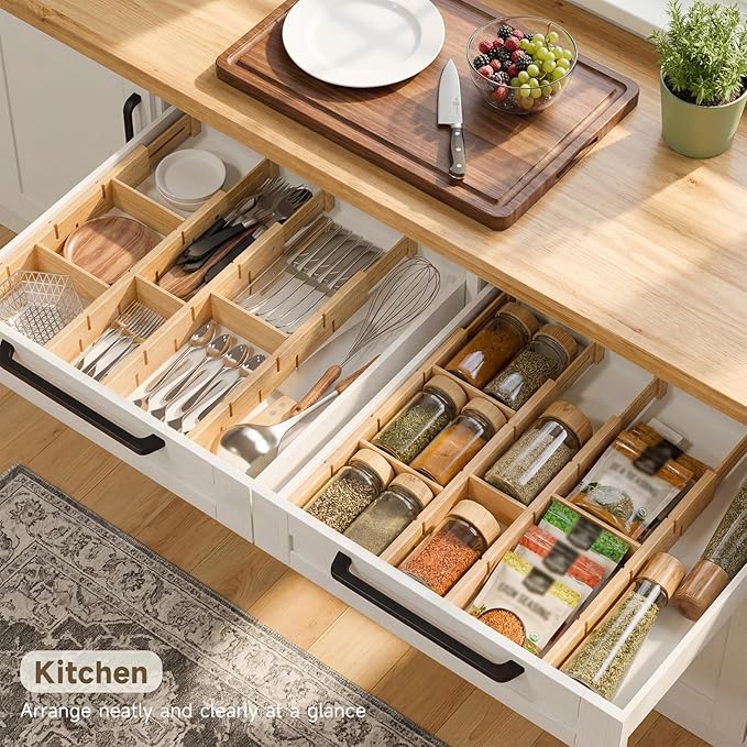 Kitchen drawer organizer,expandable bamboo drawer divider,include 8 dividers,8 small inserts and 8 medium inserts for Home, Office, Dressers (Long-8 Dividers)