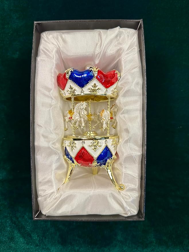 Carousel Music Box Figurine Red/Blue Diamond Pattern, Pearl Top & Spinning Mechanism, Unique Home Decor & Gift Idea