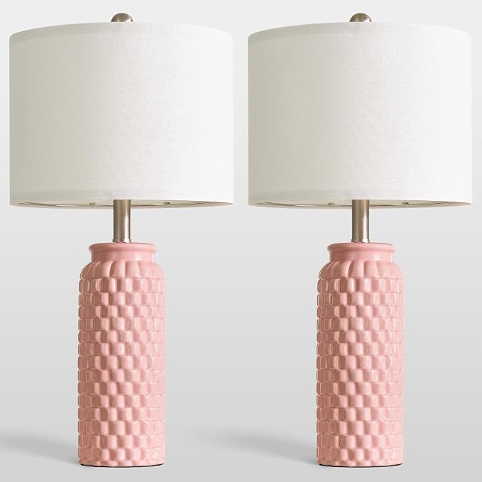 USumkky 24" Modern Ceramic Pink Bedside Lamp Set of 2 Table Lamp for Bedroom Decor Farmhouse Table Lamp for Living Room Office Dorm
