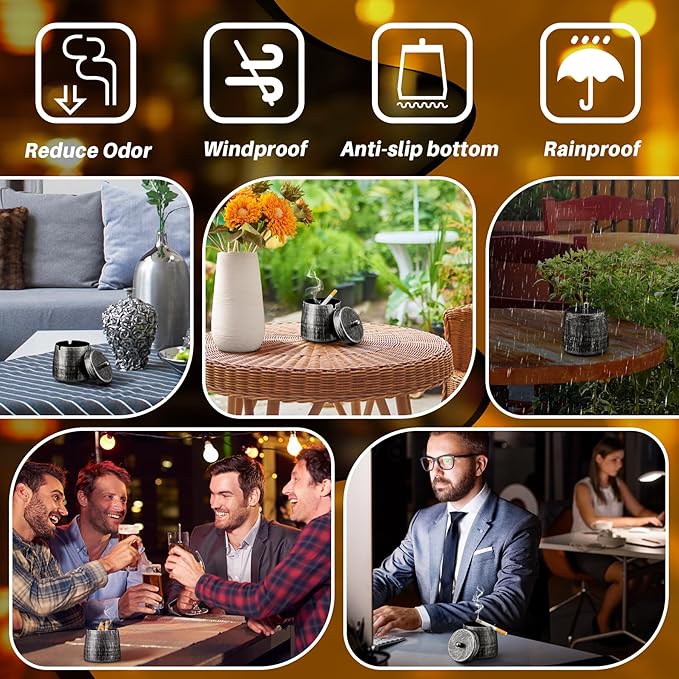Ashtray for Cigarettes Outdoor, Outdoor Ashtray with Lid for Cigarette, Metal Odorless Windproof Smokeless AshTray for Patio Home Office Tabletop Balcony