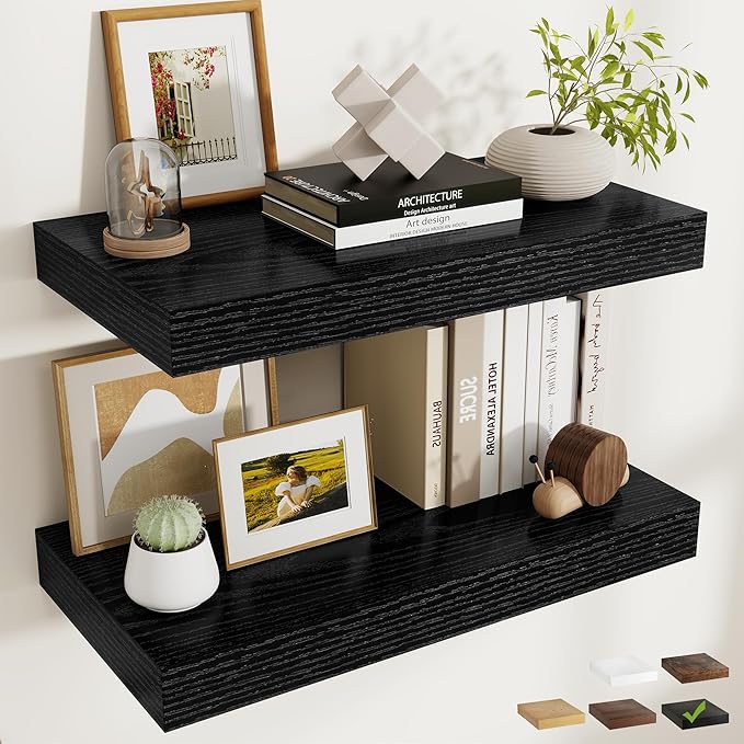FLYJOE 24 Inch Long Floating Shelves for Wall Set of 2, 12" D Wood Grain Bathroom Shelves with Invisible Brackets, Easy Install Engineered Wood Storage Shelves for Kitchen, Living Room, Bedroom