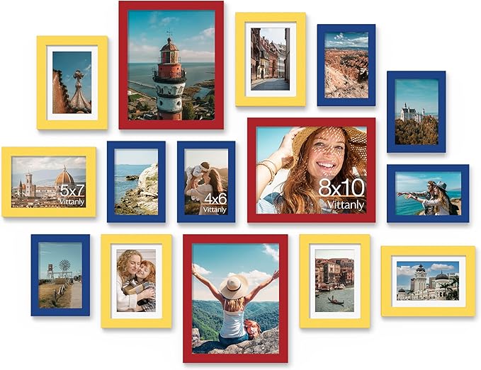 Vittanly 15 Pack Picture Frames Collage Wall Decor, Multi Sizes Including 3pcs 8x10, 6pcs 5x7 and 6pcs 4x6 Photo Frames, Gallery Frame Set for Wall or Tabletop Display, Red, Yellow and Blue