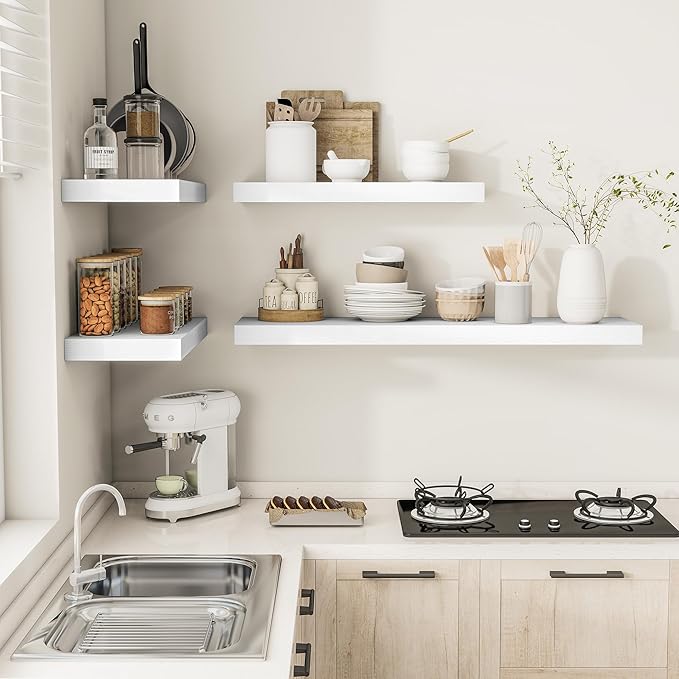Vivelove 24/36/48/55 Inch Floating Shelves for Wall, 12 Deep Shelves for Room Wall Mounted, 2" Thick Floating Shelf for Living Room Bedroom Bathroom Kitchen Laundry Room, Set of 2 White