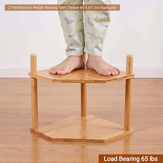 2-Tier Expandable Bamboo Corner Shelf - Dish/Plate Organizer for Cabinet, Kitchen Counter Shelf & Small Kitchen Shelf, Adjustable (6.7" H-White, 2-Tier)