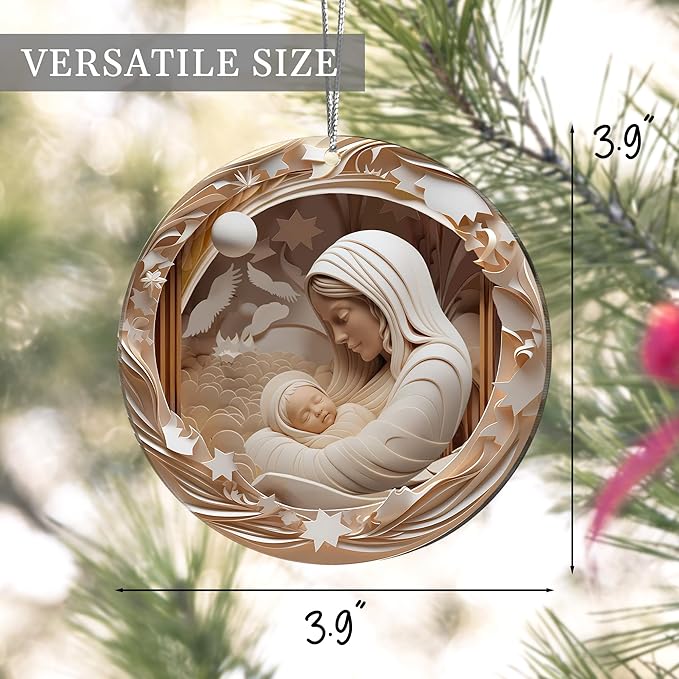 2025 Christmas Ornaments, Christmas Tree Ornaments Acrylic, Faux Stained Glass Effect White Elephant Gifts Exchange, Unique Suncatcher Xmas Stocking Stuffers for Women, Men (Holy Nativity)