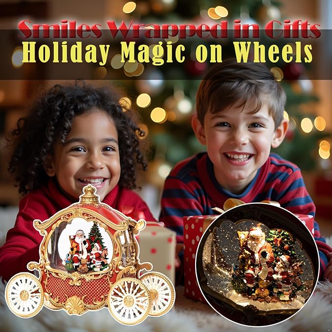 Christmas Red Carriage Snow Globe Lantern with Gift Box - Santa Scene Water Lantern with Glitter Snow - Musical Holiday Decor with LED Lights - Battery Or USB Cable Powered Operated (Red with gold)