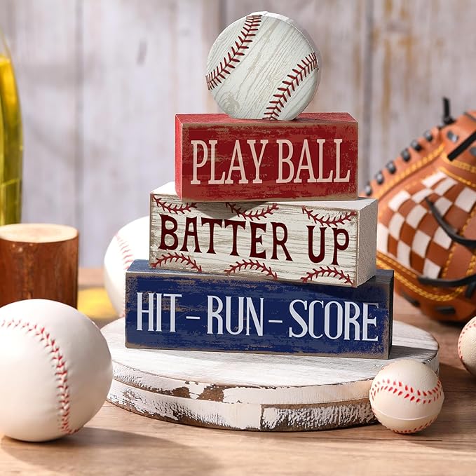 Yuntau 4 Pcs Baseball Decorations Sports Wooden Sign Baseball Centerpieces for Tables Tiered Tray Decor Decorative Mini Faux Book Stack Block for Bedroom Boys Room Mantel Shelf Senior Night Gifts