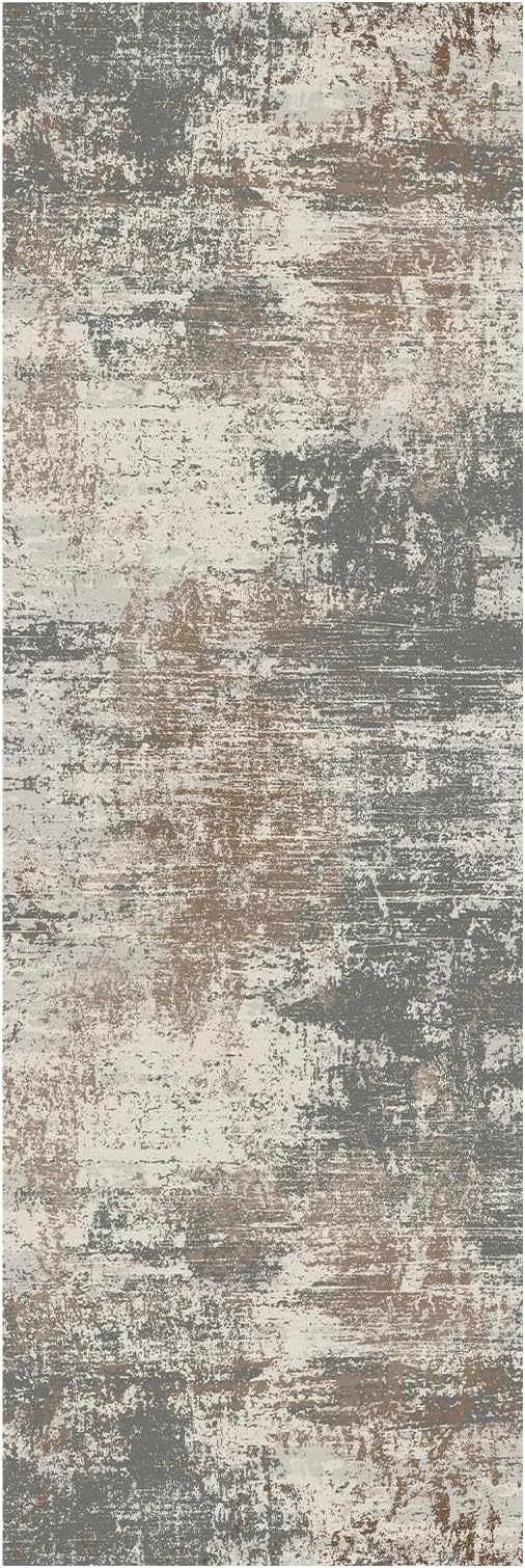 Ciicool 2'6"x10' Washable Runner Rug, Modern Abstract Hallway Rugs Runner, Non-Slip Thin Accent Rug Lightweight Grey Brown Distressed Carpet Runners for Laundry Entryway Bedroom Kitchen Indoor