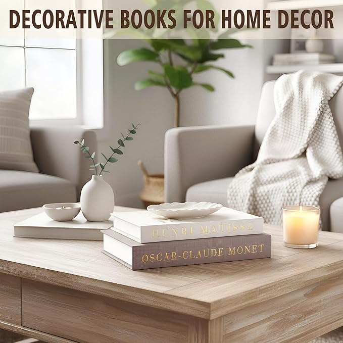 Decorative Books for Home Decor, Coffee Table Decor with Linen White Books Stack Bookshelf, Fake Book Double as Libros Decorativos and Photo Storage (3 Piece Set with Tray)