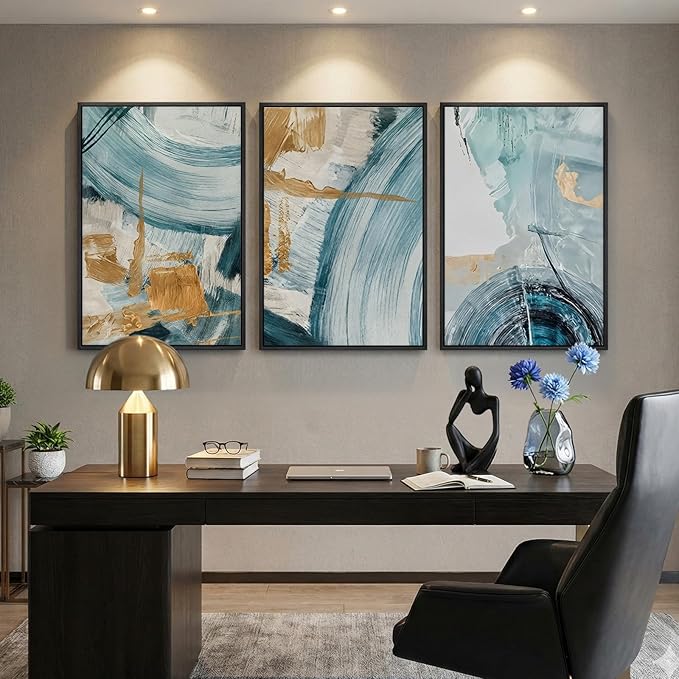 Large Framed Blue and Gold Abstract Wall Art for Living Room, 3 Piece Modern Canvas Prints Paintings Artwork for Walls, Minimalist Elegant Pictures for Dining Bedroom Hallway Lounge Wall Decor 24x36 In