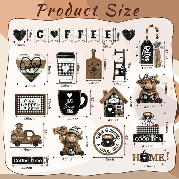 Mifoci 23 Pcs Coffee Tiered Tray Decorations Highland Cow Wooden Farmhouse Coffee Bar Accessories Signs Mugs & Rustic Highland Cow for Kitchen Table Centerpiece
