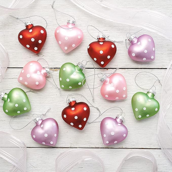 Lillian Vernon Dot Heart Valentines Ornaments - 12-Piece Set, Blown Glass, Handcrafted Hanging Tree Decorations, Valentine’s Day Holiday & Party Decor, 2.5 in