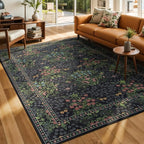 Lessymo Washable Dining Room Rugs, Floral 6x9 Area Rug for Living Room, Bedroom, Playroom, Farmhouse, Non Slip Forest Stain Resistance Large Throw Carpet, Black Green