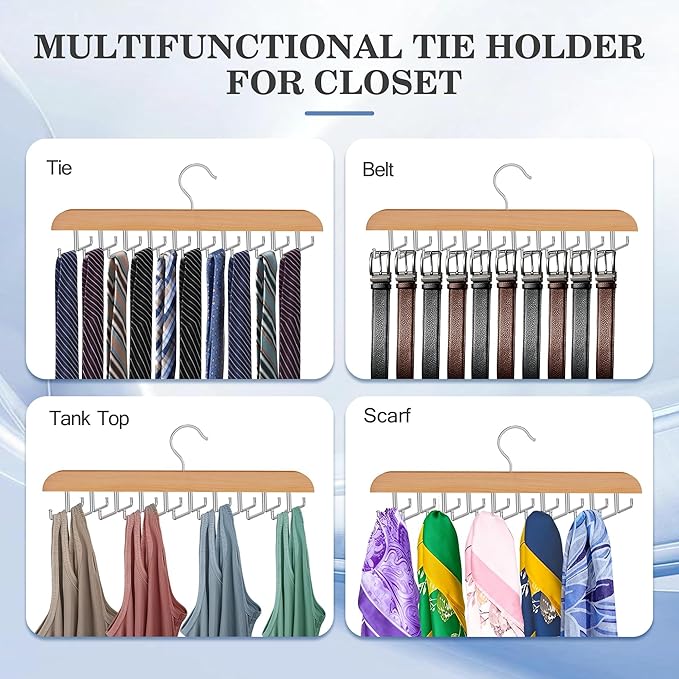 Tie Rack Hanger for Closet 20 Foldable Hooks, 1 Pack Wooden Non Slip Large Capacity Space Saving Tie and Belt Organizer with 360°Rotating Hooks for Tank Tops Bras Scarves Hat