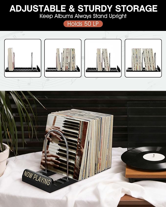 BS-VOG Now Playing Vinyl Record Stand, 50 LP Vinyl Record Storage with Non-slip Grooves, Wood Now Spinning Vinyl Record Holder for Albums Magazine Rack Magazine Organizer Record Display, Gift Package