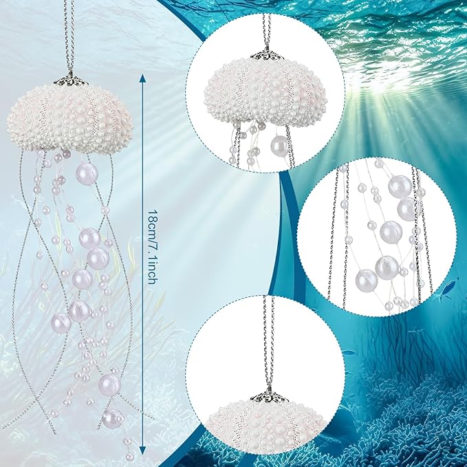 Namalu 3 Pcs Sea Urchin Jellyfish Christmas Ornament Coastal Beaded Beach Theme Holiday Decor Ocean Inspired Hanging Jellyfish Decoration with Crystal and Ribbon (White)