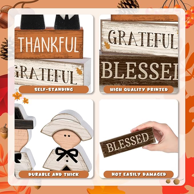 Lineshading 4 Pcs Fall Table Decoration Wooden Pilgrim Couple Decor Thanksgiving Tiered Tray Decor Fall Centerpiece Rustic Decorative Pilgrim Block Signs Gift Farmhouse for Home Kitchen Shelf