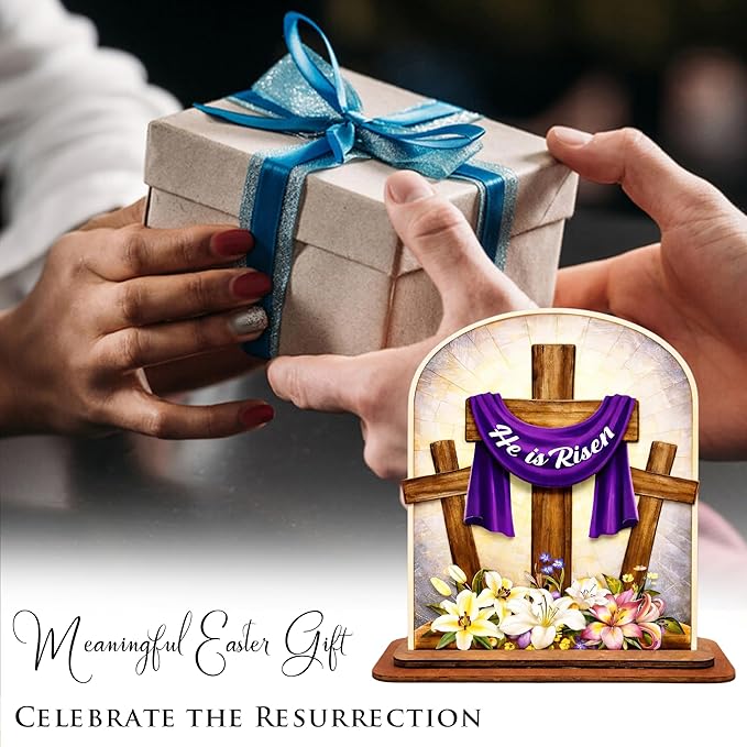 KATINAT He Is Risen Easter Decor Wooden Plaque – Christian Resurrection Cross Table Sign with Purple Cloth, Religious Easter Decoration for Home, Church, Christian Gift, Resurrection Sunday Decor