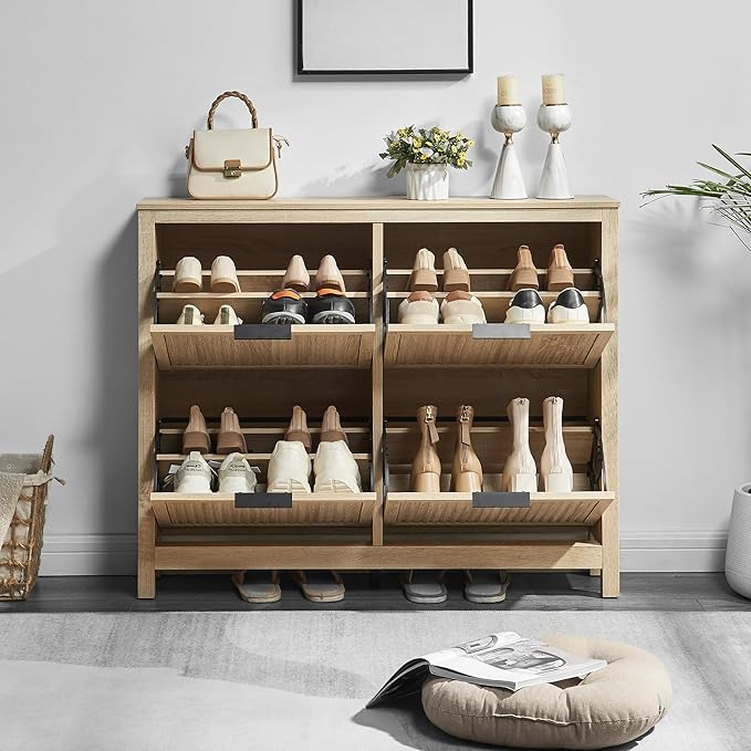 4 Flip Drawers Shoe Cabinet Storage for Entryway, Narrow Hidden Wood Shoes Organizer Cabinet Front Door Entrance Thin Free Standing Front Door Shoe Rack Storage for Entryway(Oak)