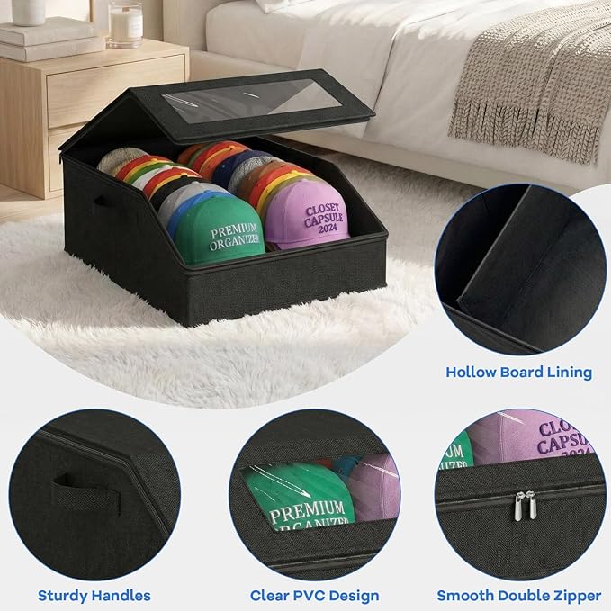 Hat Storage for Baseball Caps, Holds up to 24 Caps, Stackable Hat Organizer for Closet, Dustproof Hat Box with Clear Window, Hollow Board Support & 2 Handles, Flip-Top Access (Black)