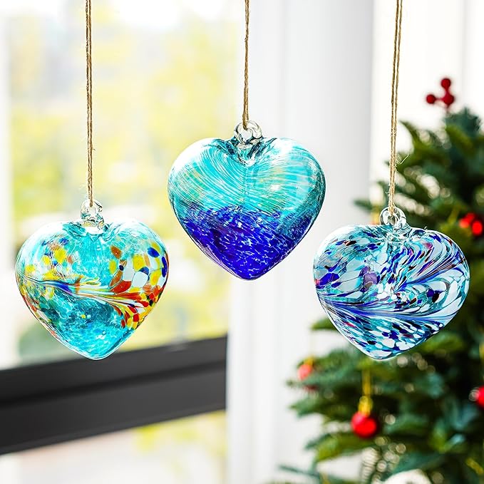 Set of 3 Handmade Glass Heart Ornaments 3.9 Inch Blue Friendship Heart Decor for Garden Home Centerpiece Gifts for Women