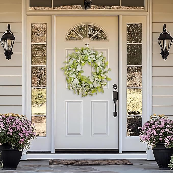 Green Year Round Wreaths 22 Inch Fabric Leaves Wreath with Lambs Ear Leaves & White Flowers, All Seasons Wreaths for Front Door Spring Summer Porch Wall Indoor Outdoor Farmhouse Decor