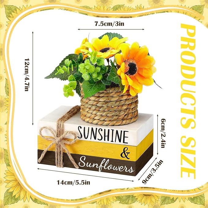 Wesiti 4 Pcs Summer Table Centerpieces Decorations Farmhouse Tiered Tray Decor Sunflower Fake Book Stack Decor Summer Decoration for Home Wooden Block Sign for Desk Tabletop Shelf Indoor