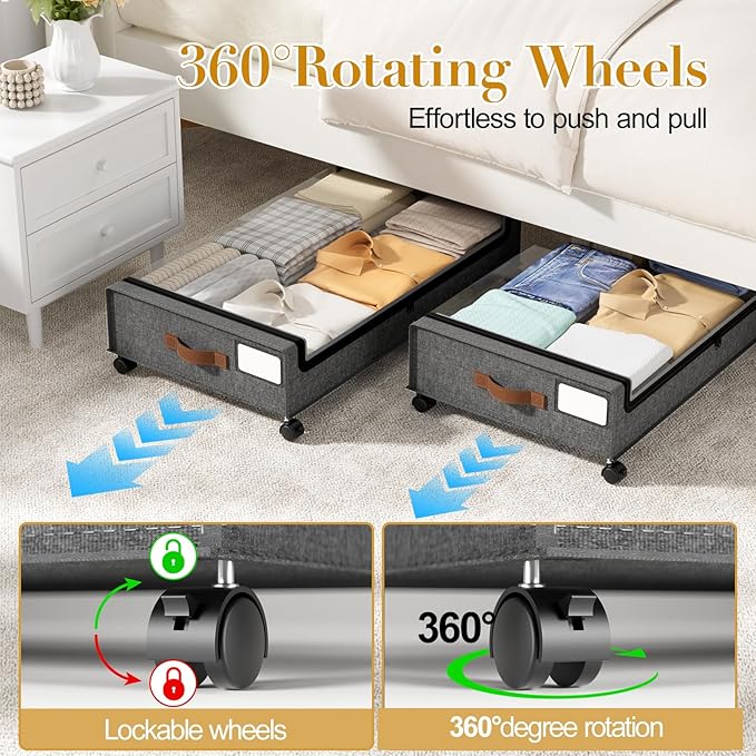 Yecaye Under Bed Storage with Wheels, 2 Pack Under the Bed Storage Containers with Lids & Label, XXL 60L Rolling Underbed Storage Drawers for Clothes, Blankets, Shoes, Hemp Gray