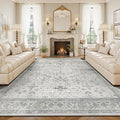 Lessymo Washable Rugs for Living Room, 9x12 Large Area Rug for Bedroom Dining Home Office, Soft Non-Slip Vintage Geometric Oushak Carpet, Boho Neutral Farmhouse Decor, Taupe Grey