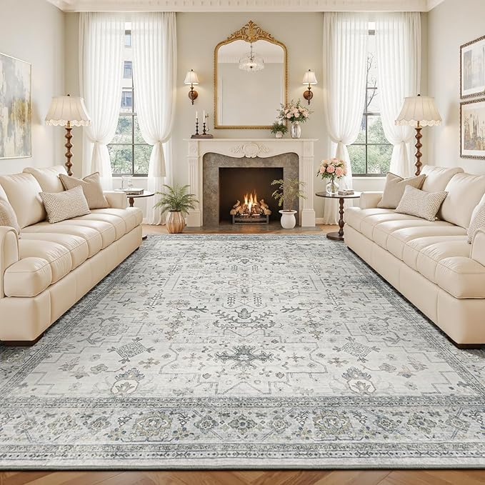 Lessymo Washable Rugs for Living Room, 9x12 Large Area Rug for Bedroom Dining Home Office, Soft Non-Slip Vintage Geometric Oushak Carpet, Boho Neutral Farmhouse Decor, Taupe Grey