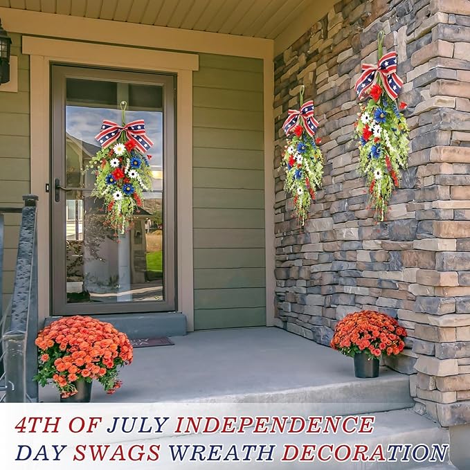 24inch Patriotic Red, White and Blue Floral Swag Wreath for Front Door Patriotic American Floral Teardrop Swags 4th of July Independence Day Rings Wreaths for Pillars Porch Wall Window Decor