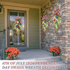 24inch Patriotic Red, White and Blue Floral Swag Wreath for Front Door Patriotic American Floral Teardrop Swags 4th of July Independence Day Rings Wreaths for Pillars Porch Wall Window Decor