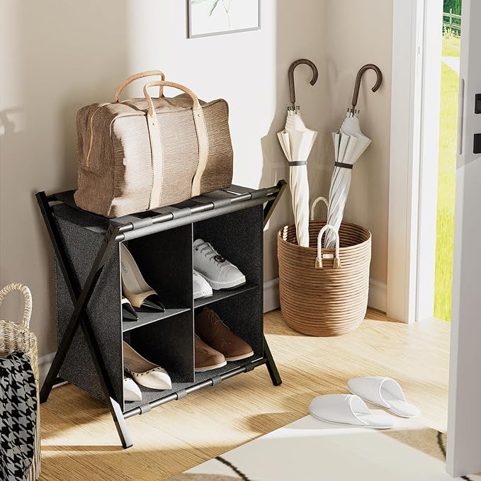 Luggage Rack for Guest Room, Set of 2, Folding Suitcase Stand with Fabric Storage Shelf, Luggage Holder, Steel Foldable Luggage Stand for Guest Room, Bedroom, Hotel, Black
