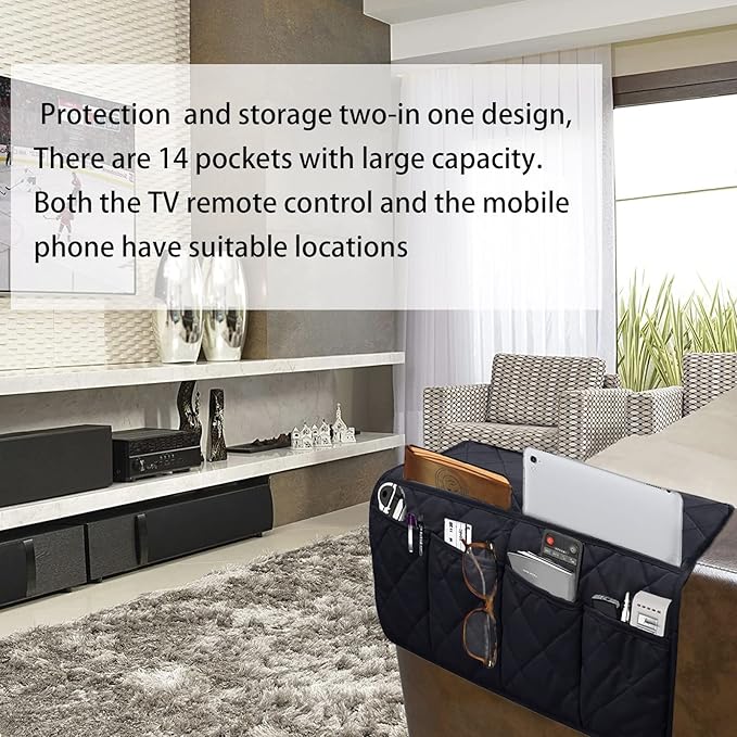 Armchair Caddy, Sofa Armrest Organizer with 14 Pockets, Waterproof Non Slip Recliner Remote Control Holder, Couch Chair Arm Storage for TV Remotes, Phone, iPad, Magazine, Books