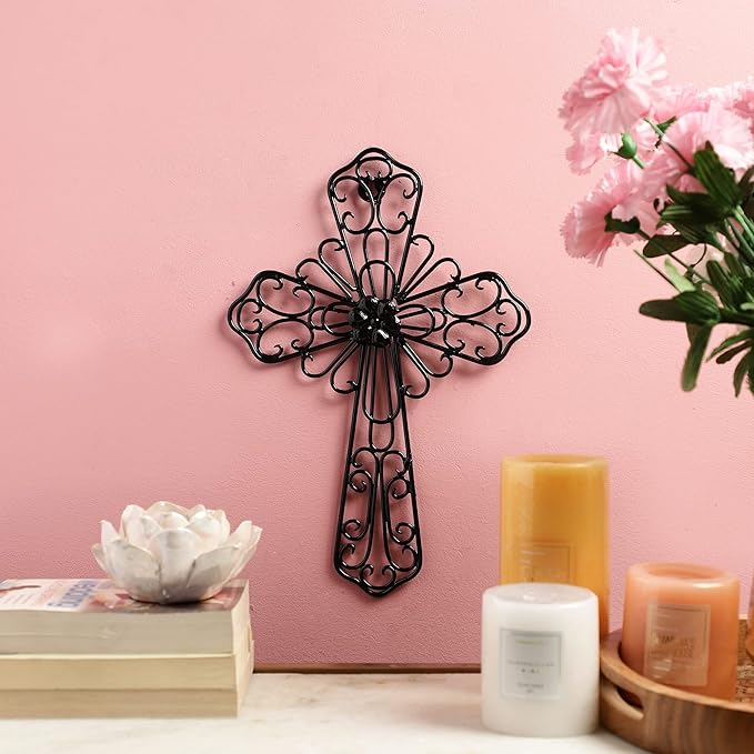 RELY+ Black Wall Cross 14X10 Inch Living Room Décor Outdoor Crucifix Wall Décor Metal Wall Art Decorative Hanging Iron Wrought Wall Décor Crosses for Rustic Indoor Home Valentine's Day Decorations