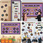 Pajean Groovy Music Bulletin Board Set Retro Record Classroom Decorations 80s 90s Disco Record Flower School Bus Cutouts with Purple Borders for Door Wall Chalkboard Decor Office Supplies