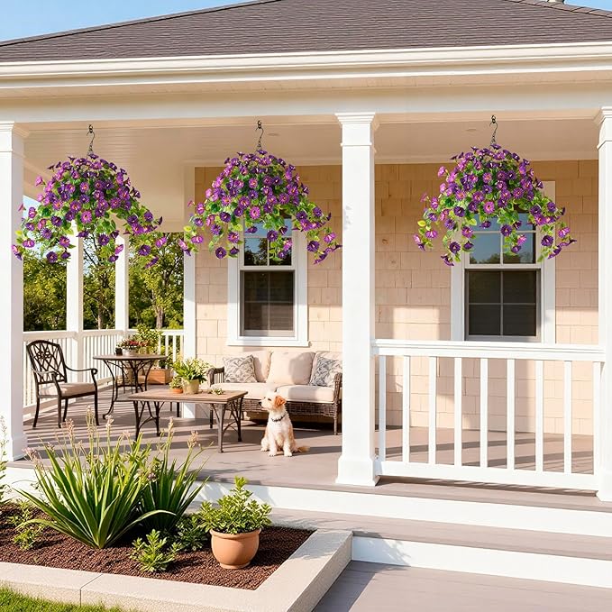 Homsunny 3 Bundles Artificial Hanging Fake Flowers with Basket Plants for Outdoor Spring and Summer Decoration, Faux Silk Flower UV Resistant Morning Glory for Home Porch Patio Garden Balcony Yard