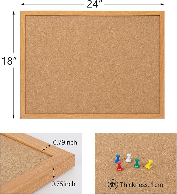 Cork Board Bulletin Board 18" x 24", Wood Framed Corkboards for Wall Decor, Hanging Office Message Board, Large Wall Mounted Notice Pin Board with 15 Push Pins for School, Home & Office
