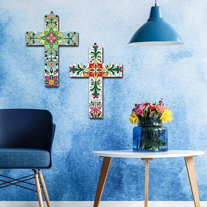Pinkunn 2 Pcs Mexican Cross Wall Decor Floral Day of The Dead Decoration Hand Painted Wood Wall Art Dia De Los Muertos Altar Decorations Spanish Cross Decor for Home(Vibrant Flower)