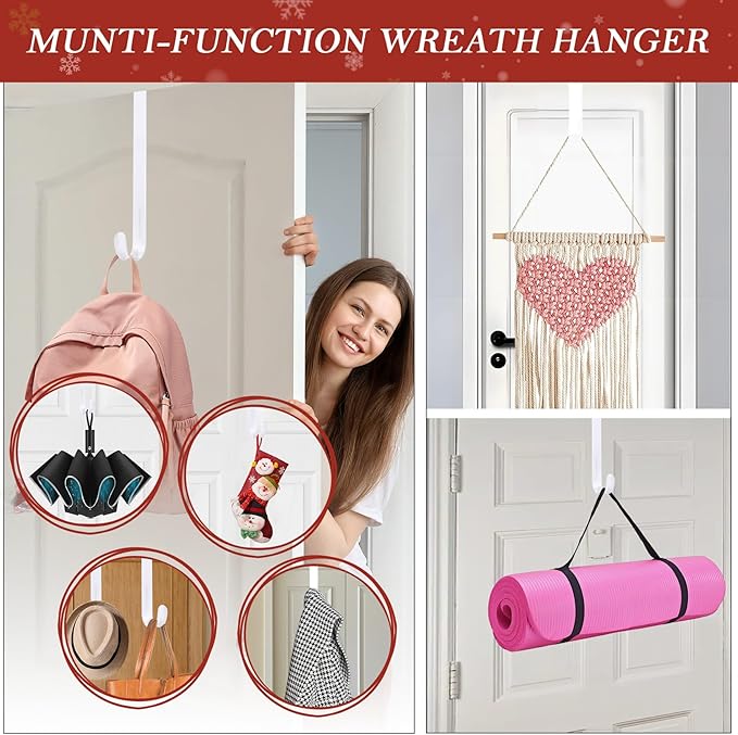 12" Metal Wreath Hanger for Front Door, Non-Scratch, 1 Pack White Wreath Hanger Heavy Duty, Over-the-Door Hooks for Hanging Welcome Sign, Wreath Holder for Easter, Halloween, Christmas Decorations