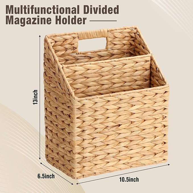 Hushee Wicker Hanging Magazine Rack 10.5 x 6.5 x 13 Inches Magazine File Holder Handwoven Wall Mounted Hanging Basket with Divided Compartments and Slanted Design Rustic Boho Home Office Decor