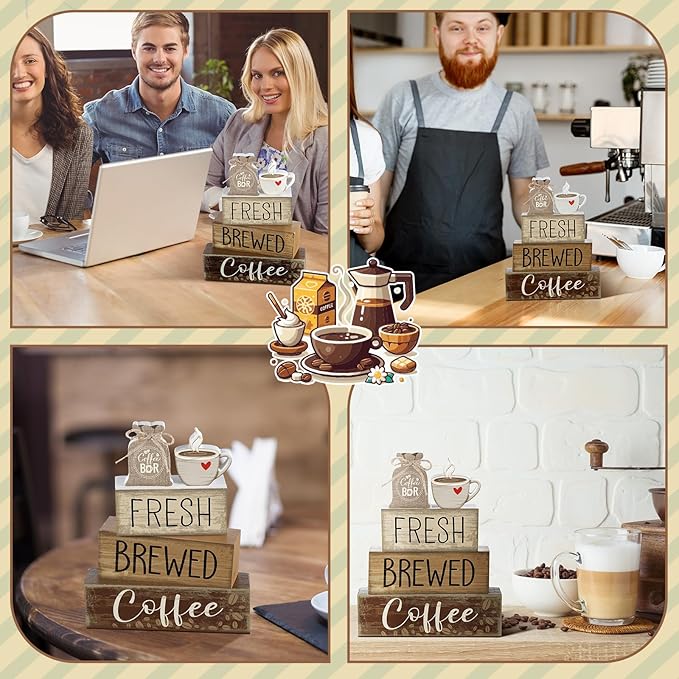 Yuntau 5 Pcs Wooden Coffee Bar Decor Cocoa Tiered Tray Decor Rustic Wood Bar Sign Gift Farmhouse Table Top Centerpiece Stacks Block Sign for Home Shelf Mantel Kitchen