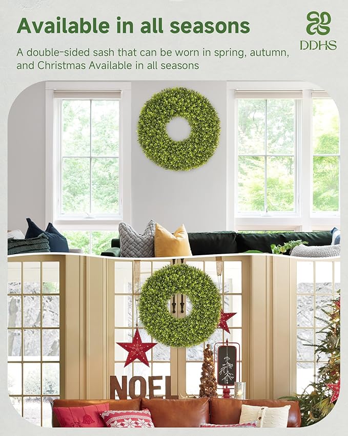 DDHS 23''Boxwood Wreaths for Front Door，Artificial Spring Wreaths for Farmhouse Wedding Green Year Round Indoor Outdoor for Fall Summer Christmas Wreath Home Decorations-Green