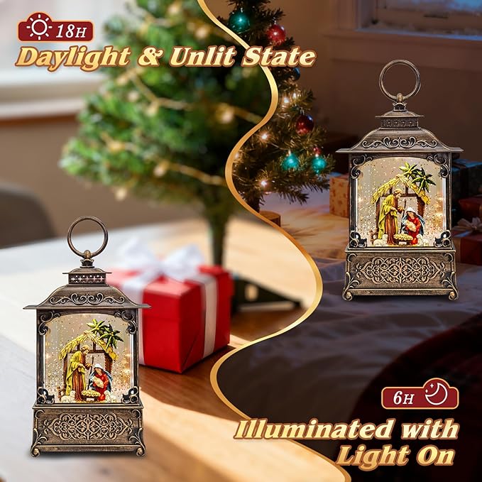 Musical Nativity Scene Christmas Snow Globe Lantern - Lighted Nativity Snow Globes with Swirling Glitter, LED Lights, Silent Night Song, 6-Hour Timer, Battery or USB Powered, Xmas Decorations Gifts